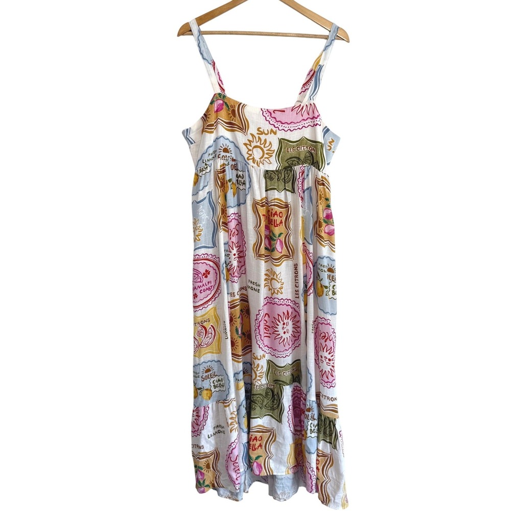 Paper Heart Anthropologie Soleil Lemon Print Linen Blend Midi Dress Summer XL